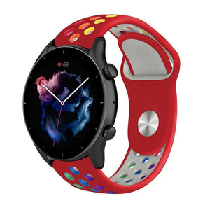 Silicone Sport Strap, red/colourful, on a watch, 3/4 front view