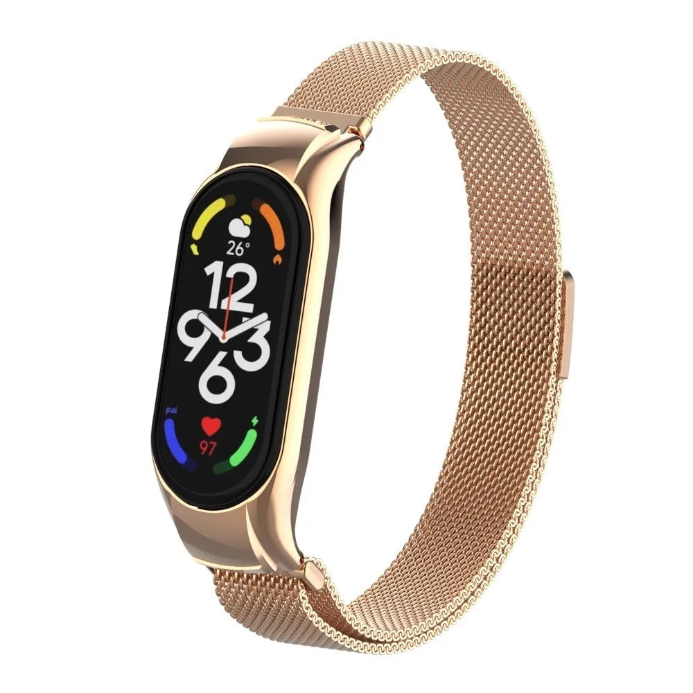 Milanese Strap, rose gold, on a watch, 3/4 front view