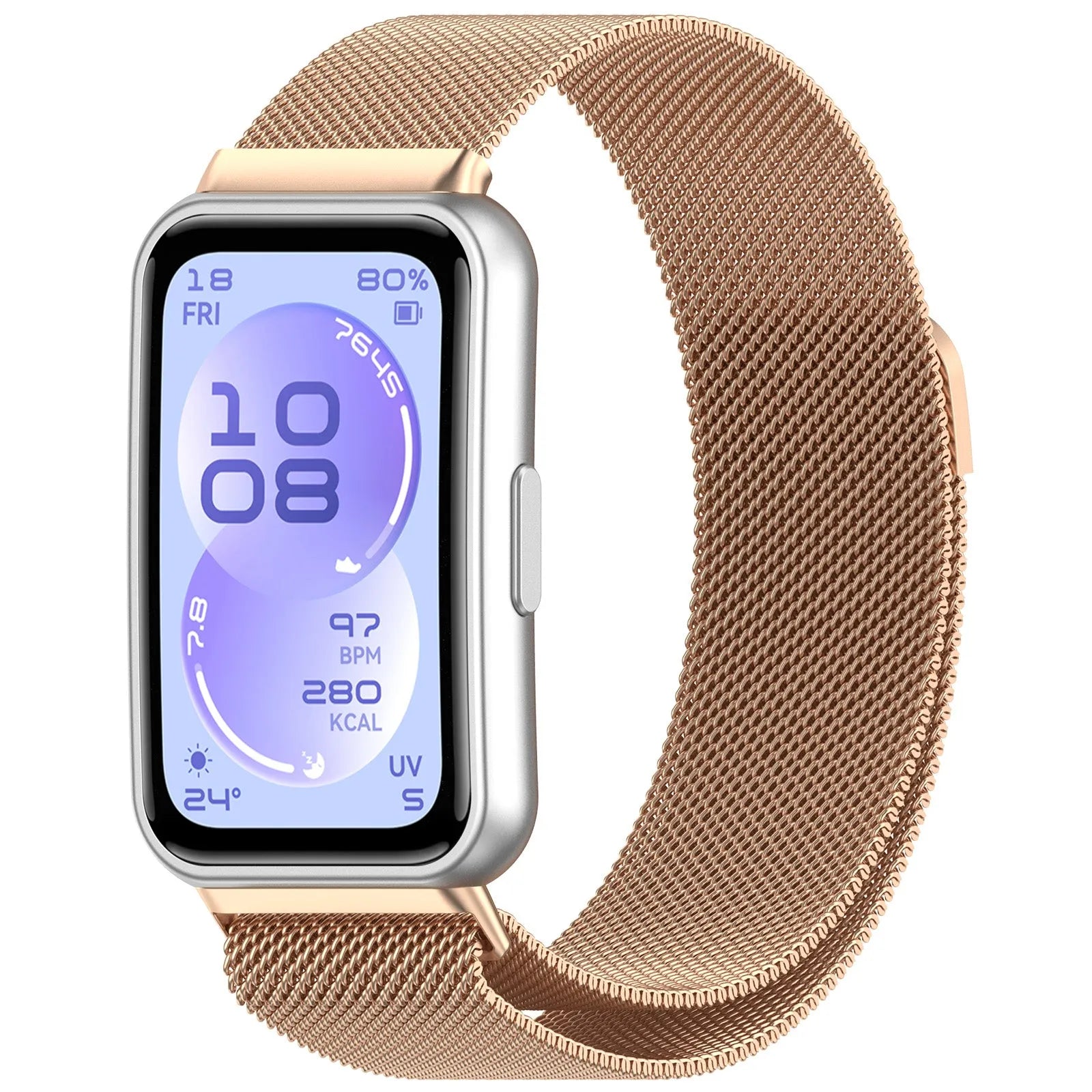 Milanese Strap, rose gold, on a watch, 3/4 front view