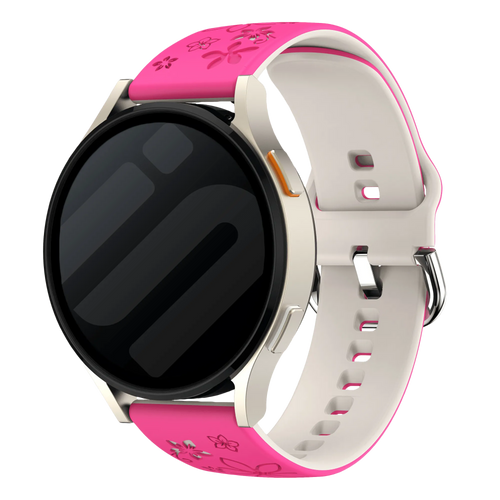 Flower Silicone Strap, bright pink/starlight, on a watch, 3/4 front view