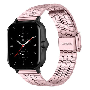 Fine Steel Strap, pink, on a watch, 3/4 front view