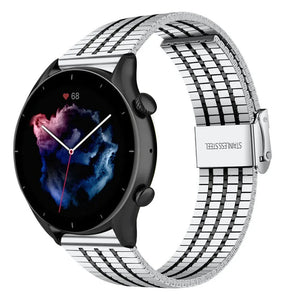 Fine Steel Strap, silver/black, on a watch, 3/4 front view