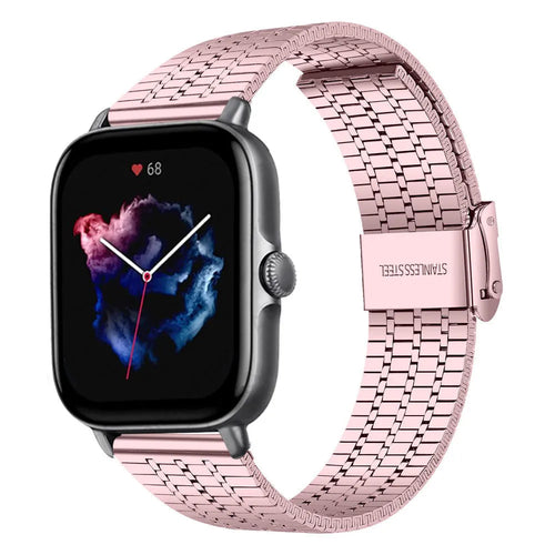 Fine Steel Strap, pink, on a watch, 3/4 front view