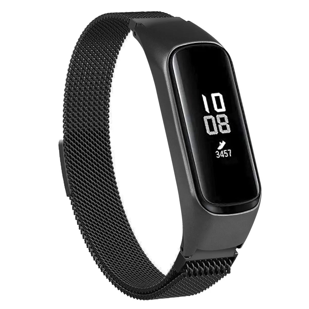 Milanese Strap, black, on a watch, 3/4 front view