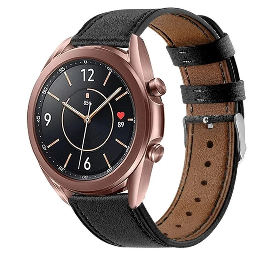Modern Leather Strap, black, on a watch, 3/4 front view