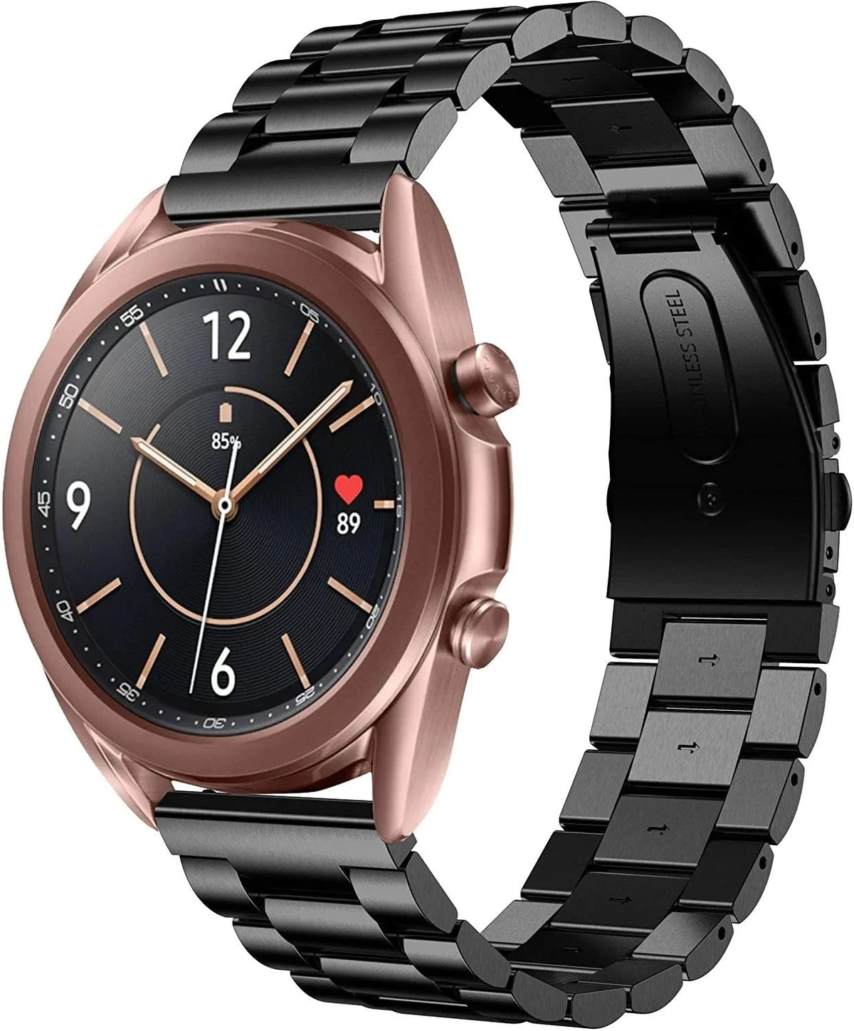 Steel Strap, black, on a watch, 3/4 front view