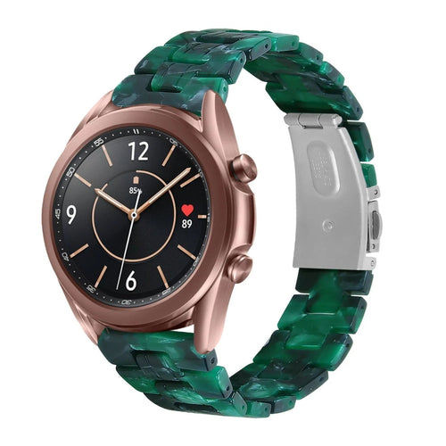 Metal Resin Strap, green, on a watch, 3/4 front view