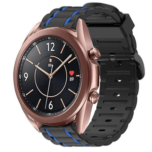 Silicone Strap 'Tough', black/blue, on a watch, 3/4 front view