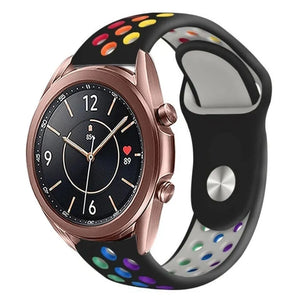 Silicone Sport Strap, black/colourful, on a watch, 3/4 front view