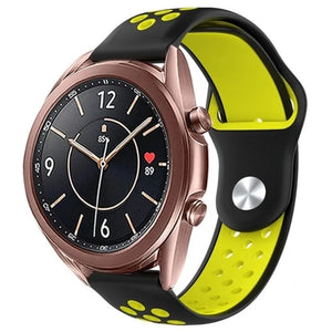 Silicone Sport Strap, black/yellow, on a watch, 3/4 front view