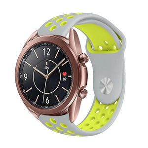 Silicone Sport Strap, grey/yellow, on a watch, 3/4 front view
