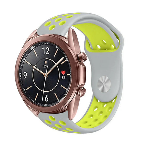 Silicone Sport Strap, grey/yellow, on a watch, 3/4 front view
