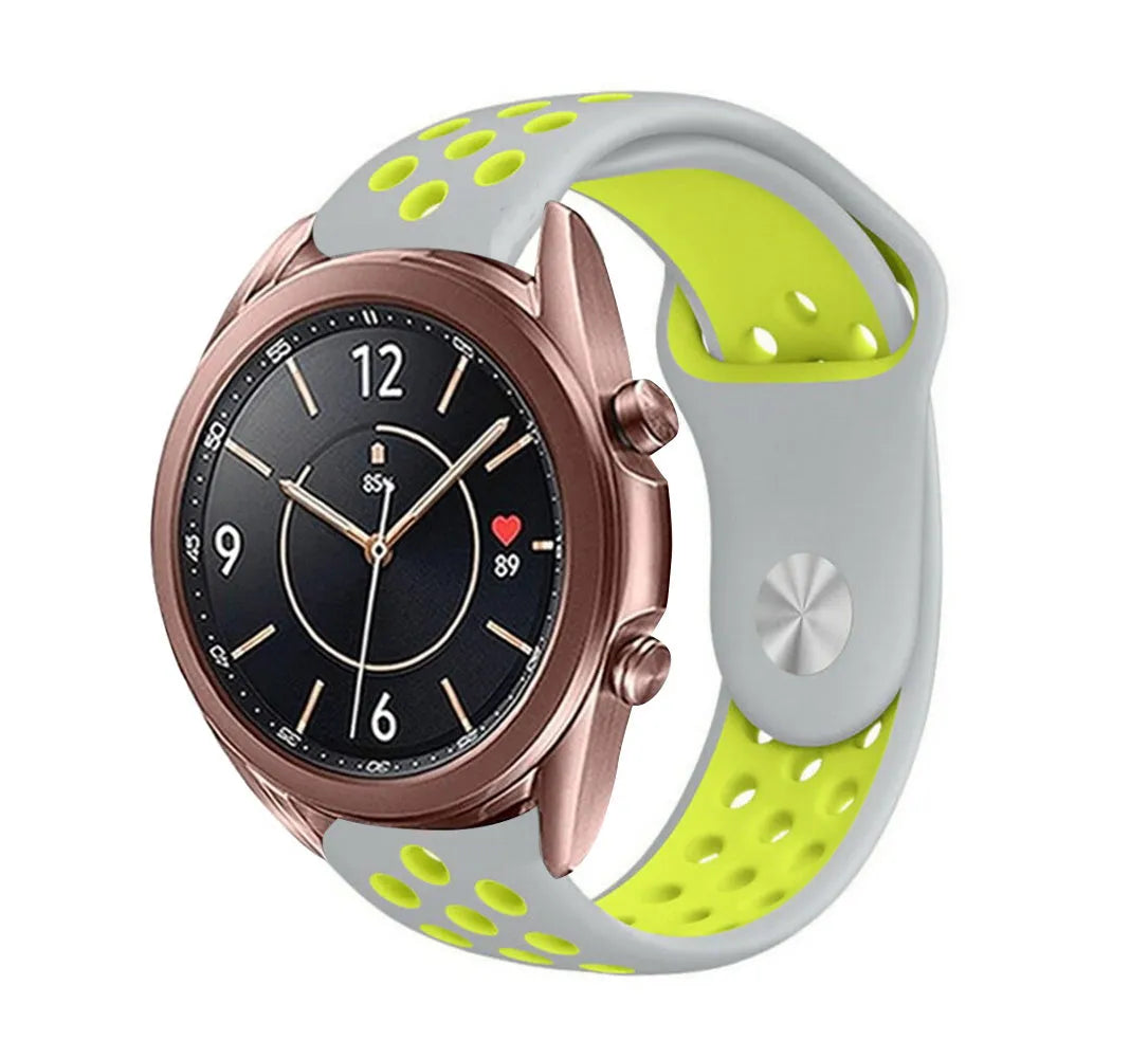 Silicone Sport Strap, grey/yellow, on a watch, 3/4 front view
