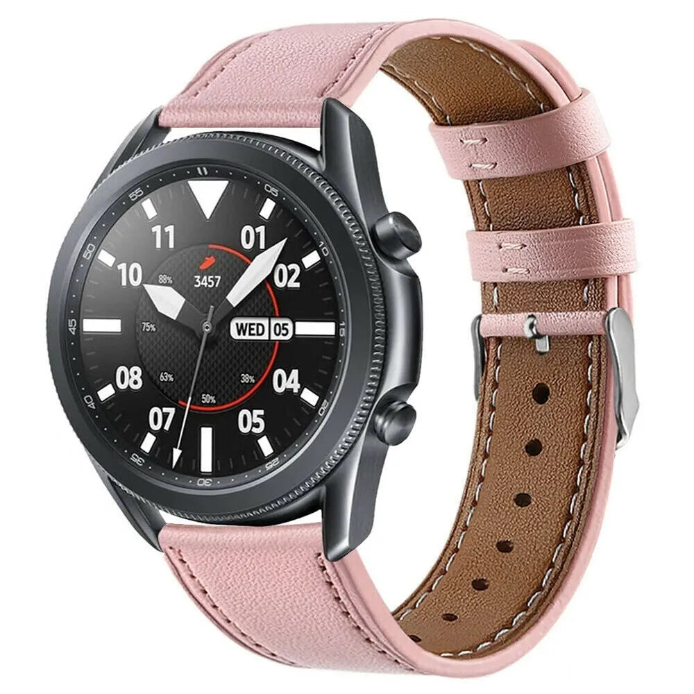 Modern Leather Strap, pink, on a watch, 3/4 front view