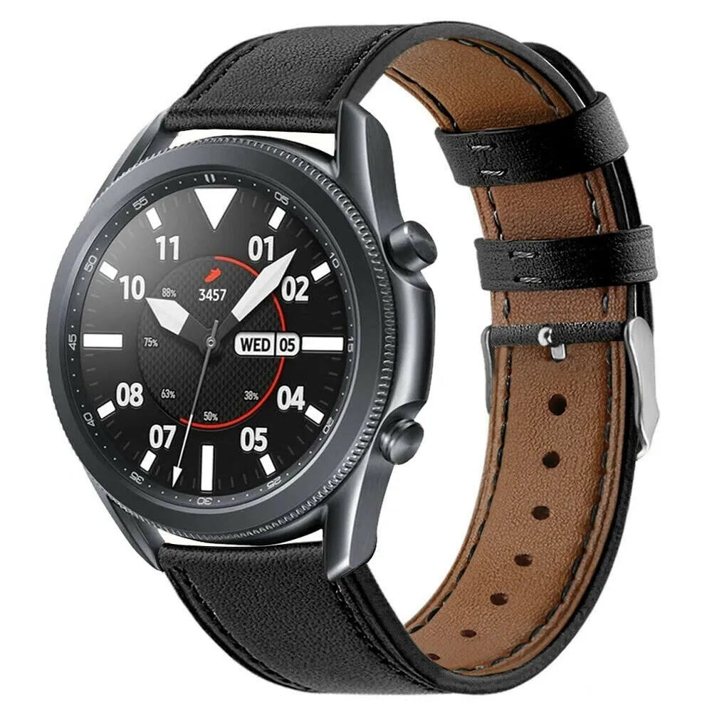 Modern Leather Strap, black, on a watch, 3/4 front view