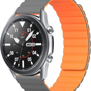 Magnetic Silicone Strap, grey/orange, on a watch, 3/4 front view