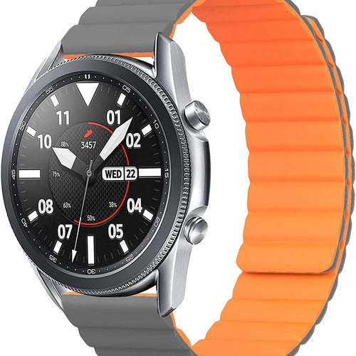 Magnetic Silicone Strap, grey/orange, on a watch, 3/4 front view