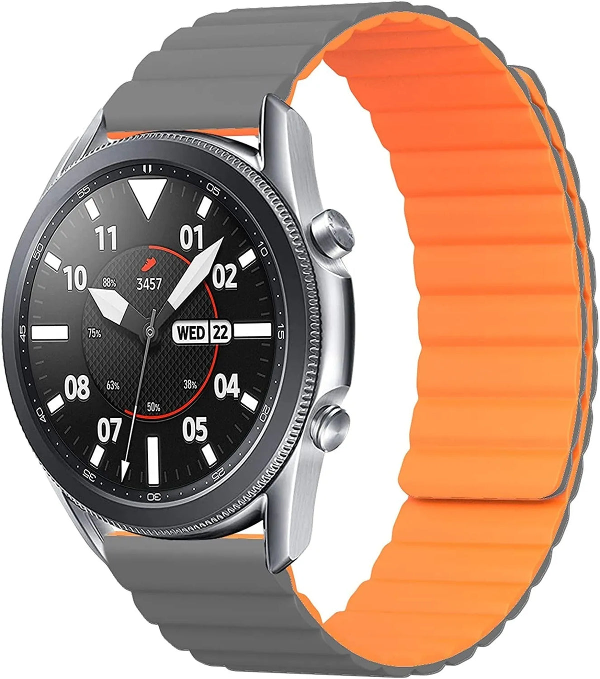 Magnetic Silicone Strap, grey/orange, on a watch, 3/4 front view