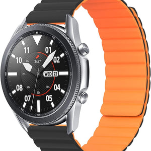 Magnetic Silicone Strap, black/orange, on a watch, 3/4 front view