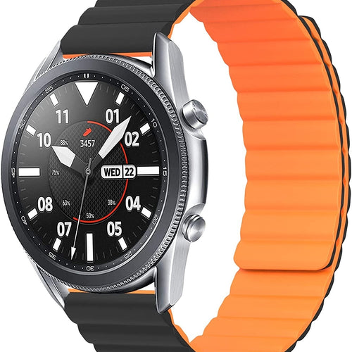 Magnetic Silicone Strap, black/orange, on a watch, 3/4 front view
