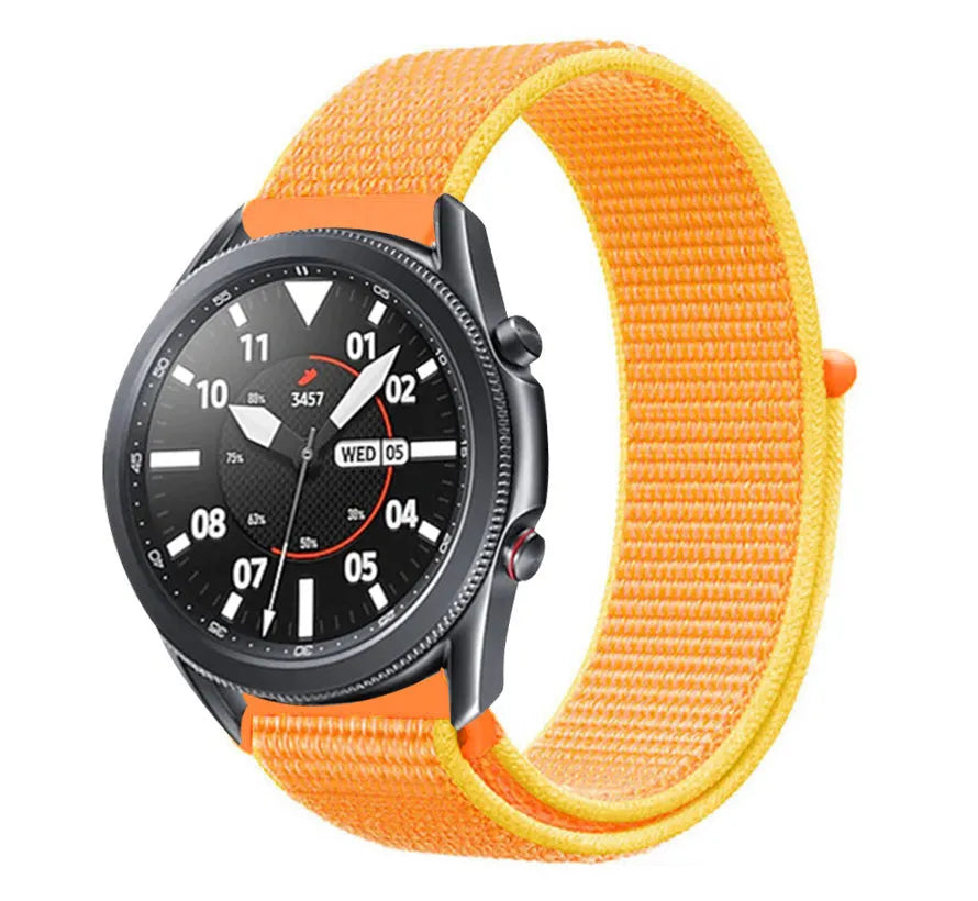 Nylon Strap, orange/yellow, on a watch, 3/4 front view