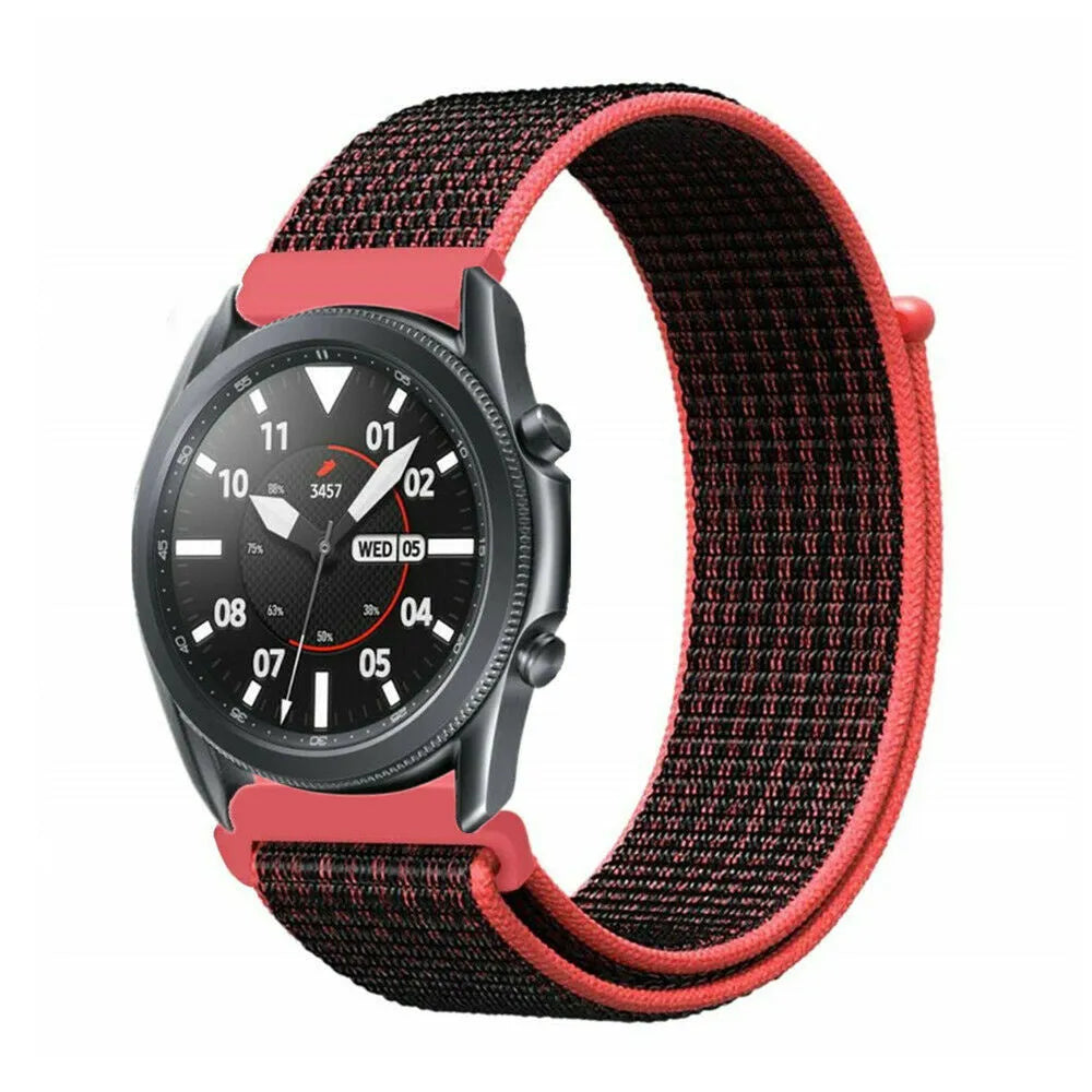 Nylon Strap, black/coral, on a watch, 3/4 front view