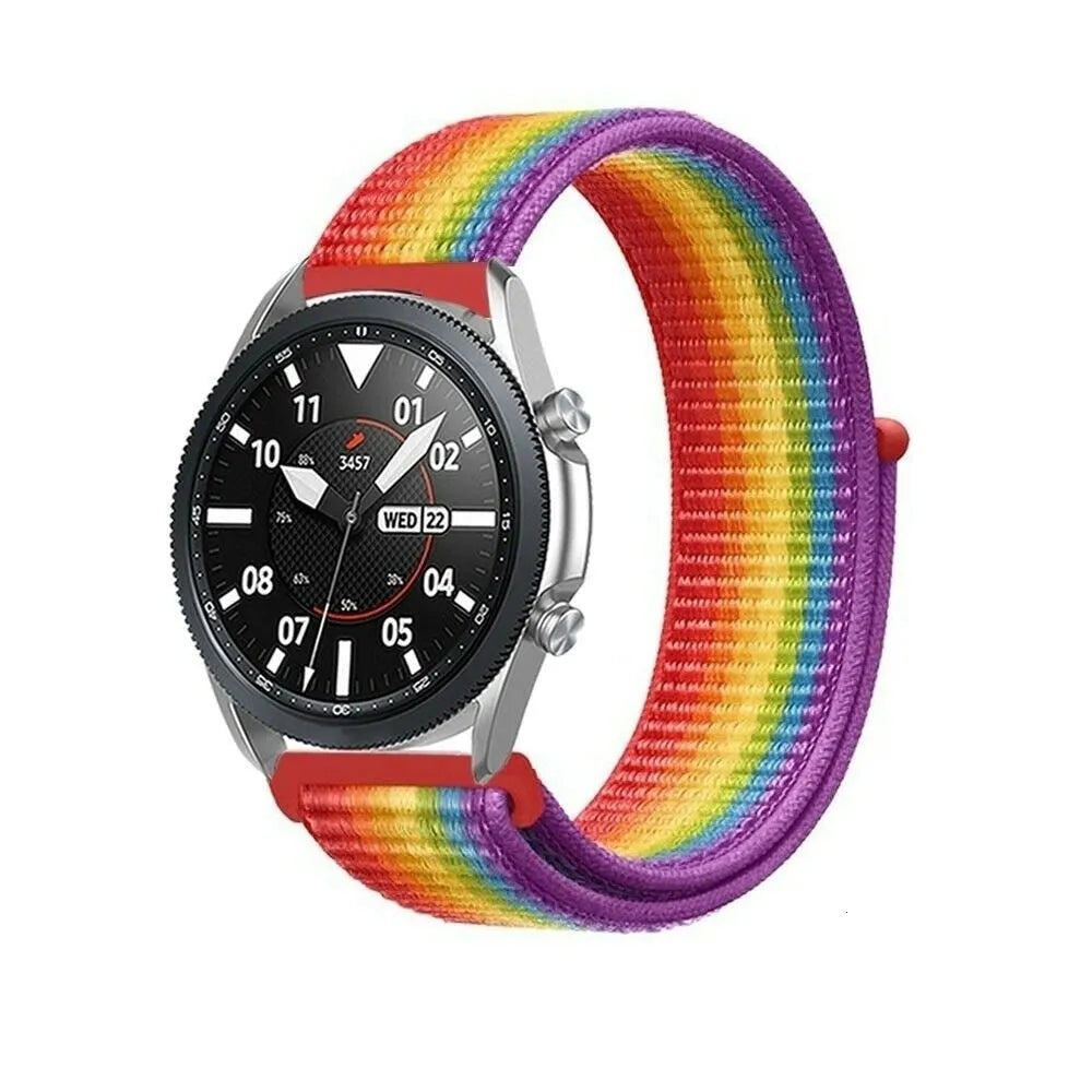 Nylon Strap, rainbow, on a watch, 3/4 front view