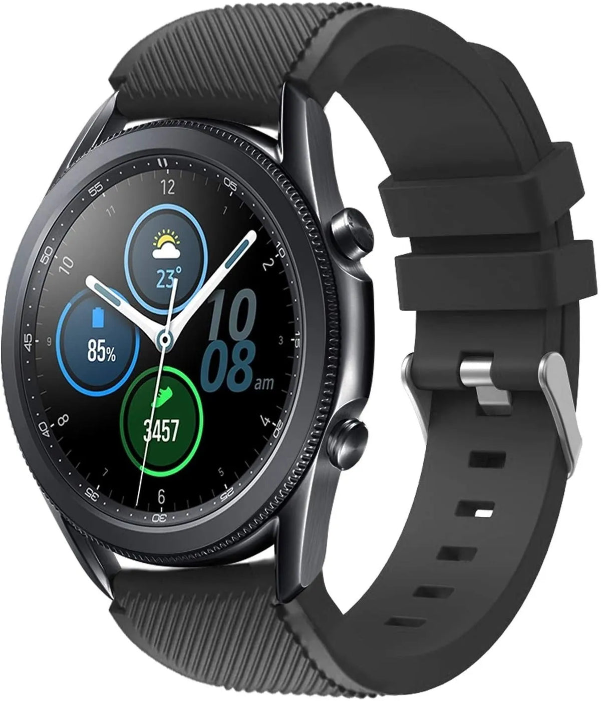Twill Silicone Strap, black, on a watch, 3/4 front view