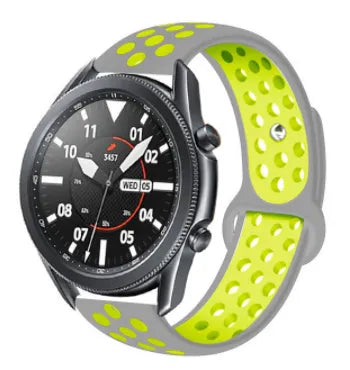Silicone Sport Strap, grey/yellow, on a watch, 3/4 front view