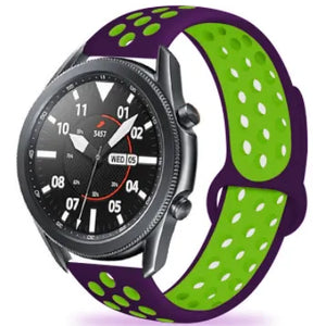 Silicone Sport Strap, purple/green, on a watch, 3/4 front view