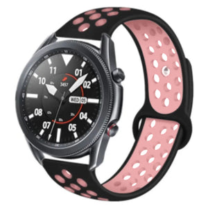 Silicone Sport Strap, black/pink, on a watch, 3/4 front view