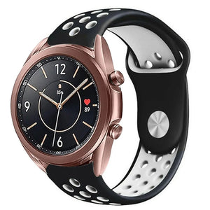 Silicone Sport Strap, black/white, on a watch, 3/4 front view