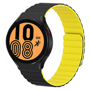 Magnetic Silicone Strap, black/yellow, on a watch, 3/4 front view