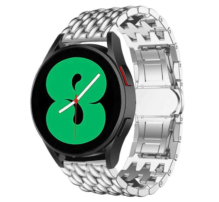 Steel Dragon Strap, silver, on a watch, 3/4 front view
