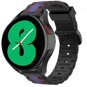 Silicone Special Edition Strap, black/blue, on a watch, 3/4 front view