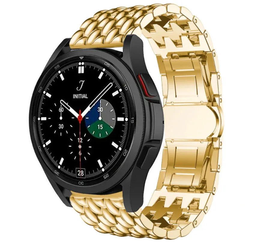 Steel Dragon Strap, gold, on a watch, 3/4 front view