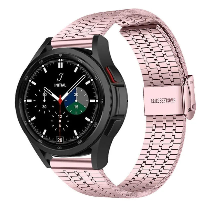 Fine Steel Strap, pink, on a watch, 3/4 front view