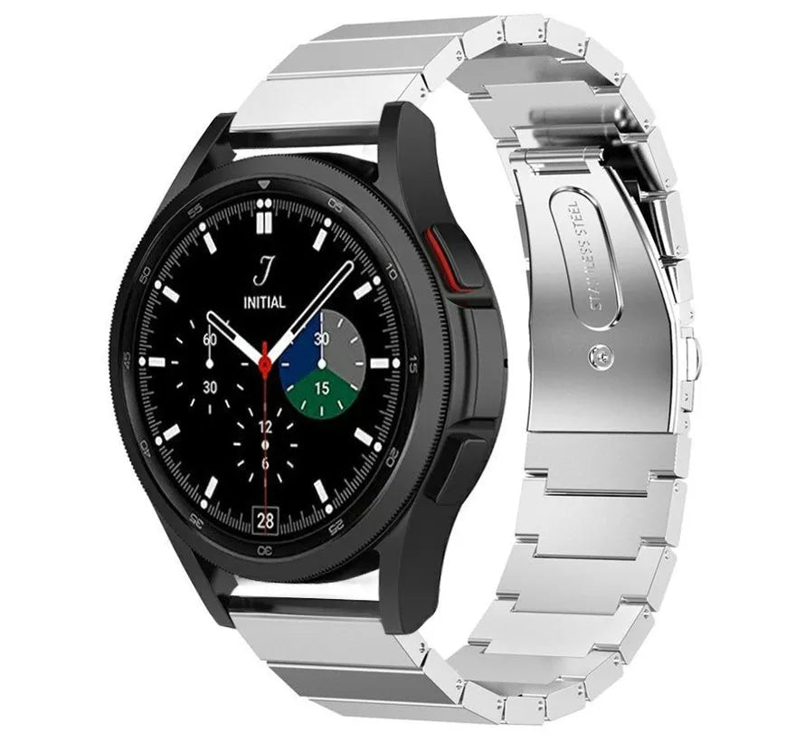 Premium Metal Strap, silver, on a watch, 3/4 front view