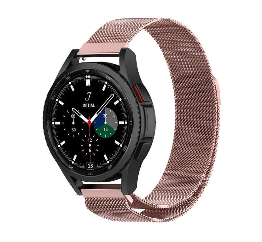 Milanese Strap, pink, on a watch, 3/4 front view
