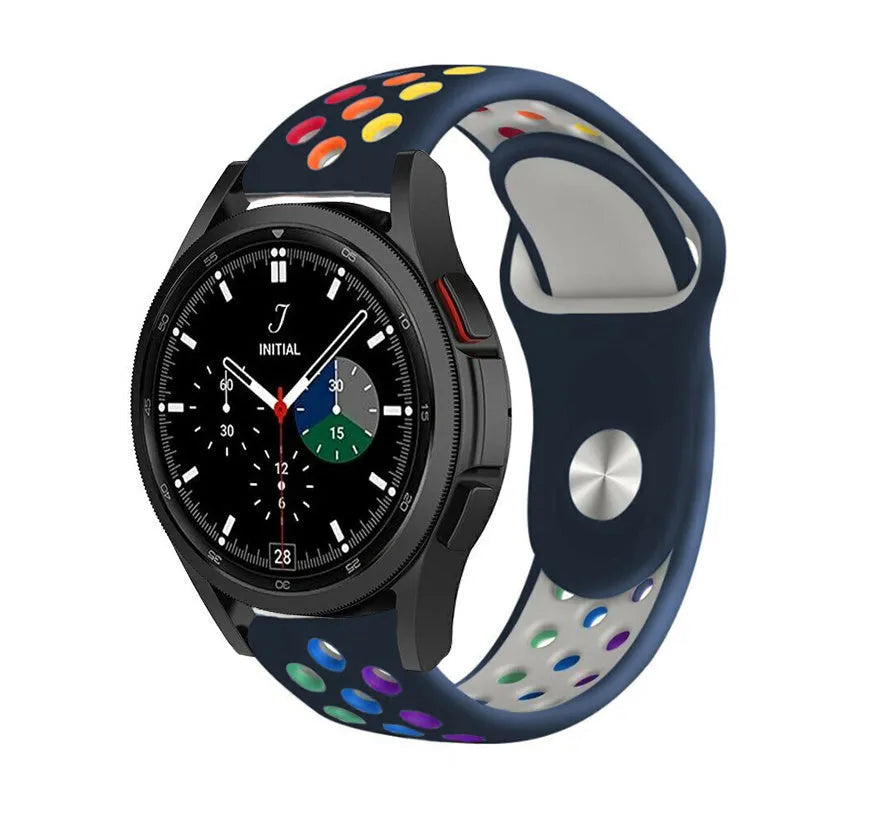 Silicone Sport Strap, dark blue/colourful, on a watch, 3/4 front view