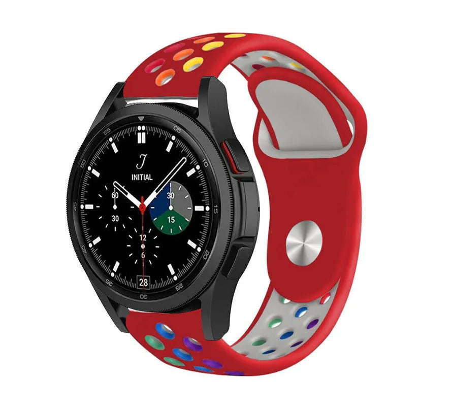 Silicone Sport Strap, red/colourful, on a watch, 3/4 front view
