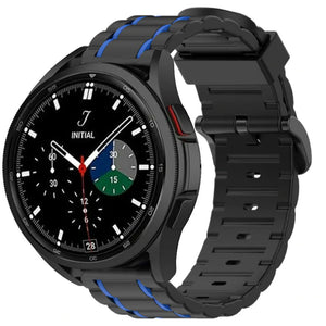 Silicone Strap 'Tough', black/blue, on a watch, 3/4 front view