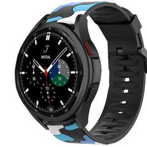 Silicone Camo Strap, blue, on a watch, 3/4 front view