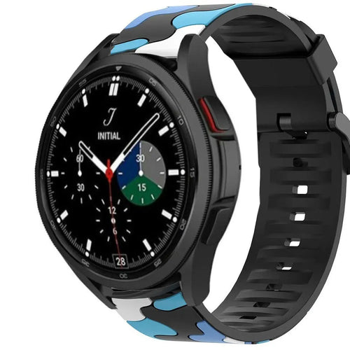 Silicone Camo Strap, blue, on a watch, 3/4 front view