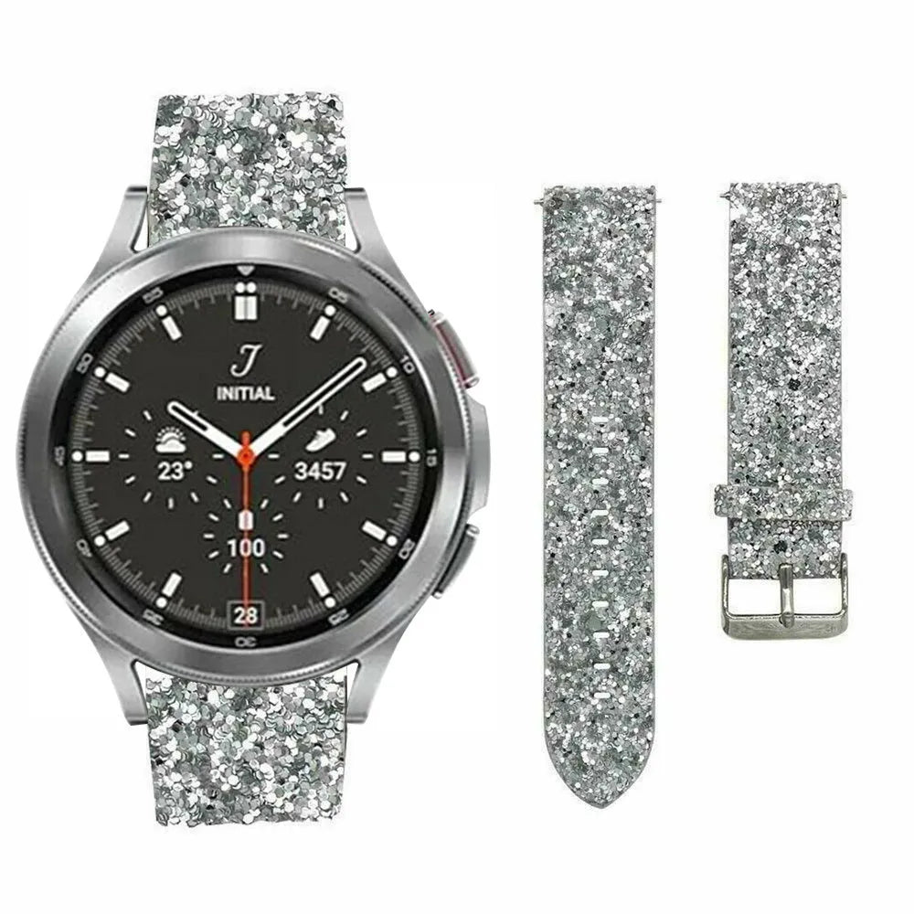 Leather Strap with Glitters, silver, on a watch, 3/4 front view