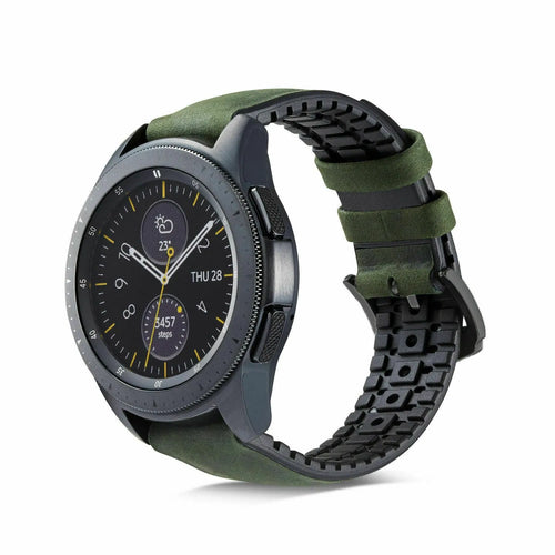 Leather Hybrid Strap, green, on a watch, 3/4 front view