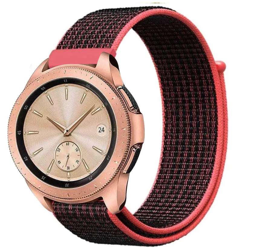 Nylon Strap, black/coral, on a watch, 3/4 front view