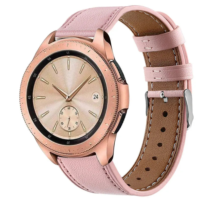 Modern Leather Strap, pink, on a watch, 3/4 front view