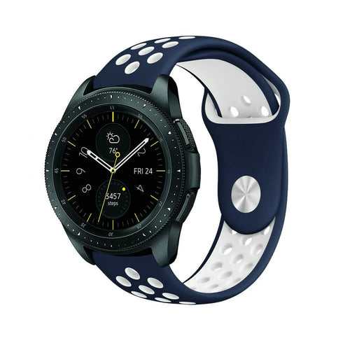 Silicone Sport Strap, blue/white, on a watch, 3/4 front view