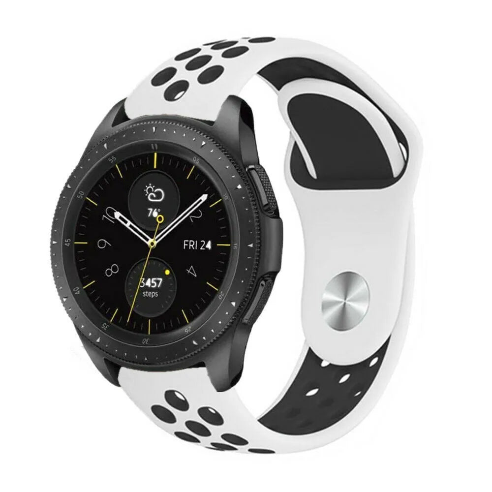 Silicone Sport Strap, white/black, on a watch, 3/4 front view